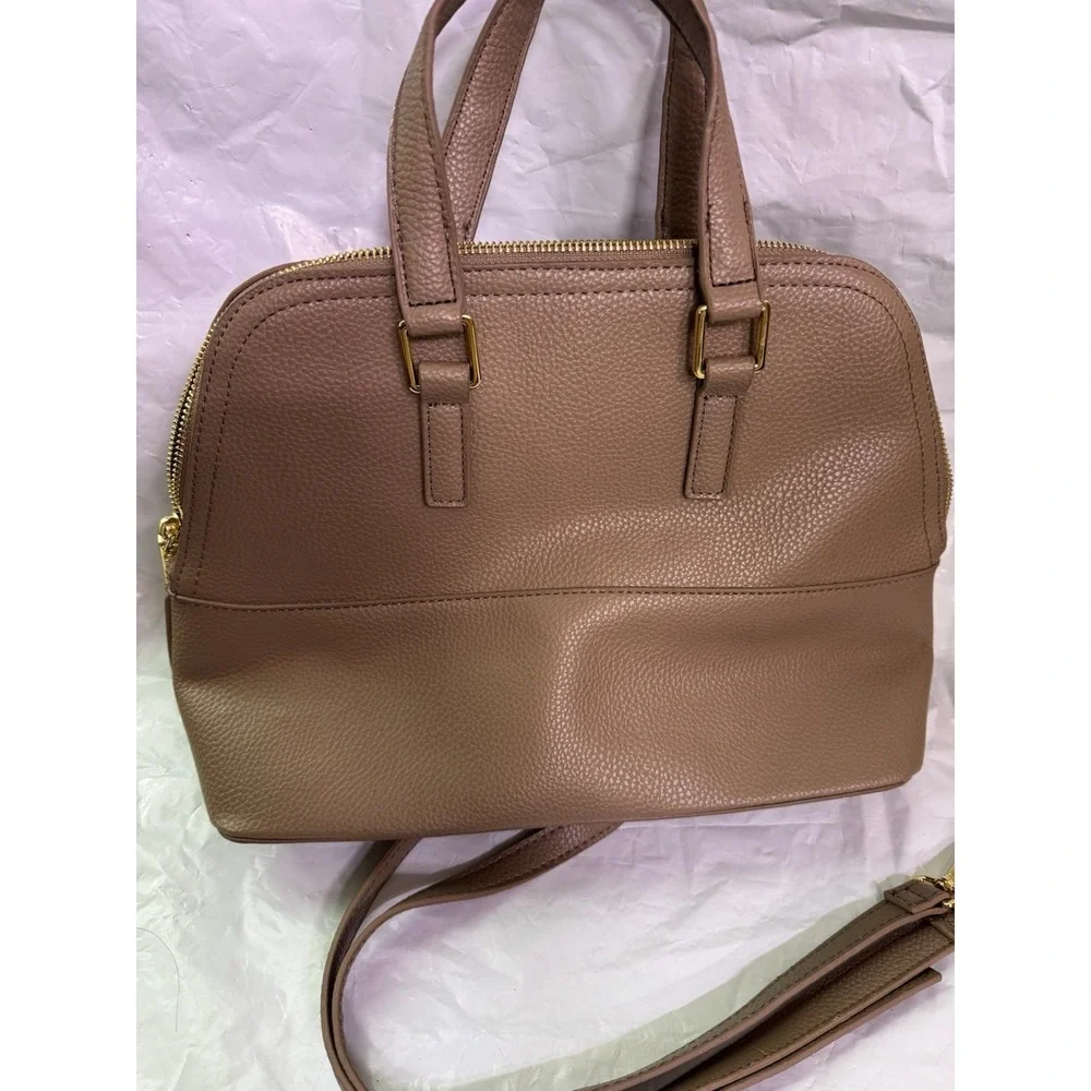 Steve Madden Beige Structured Satchel Handbag With Front Pocket & Gold Hardware - Picture 3 of 10
